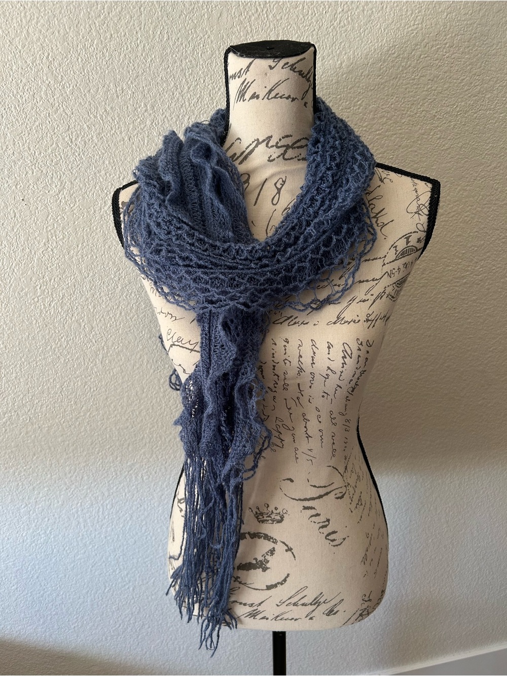 Dusty Blue Knit Lace Fringe Wrap Scarf